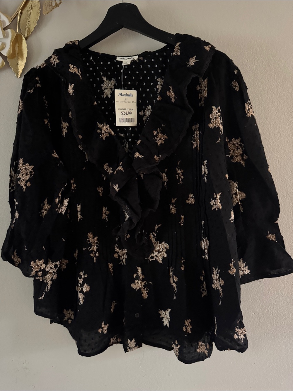 Ultra Pink Black Blouse with Beige Floral Accents